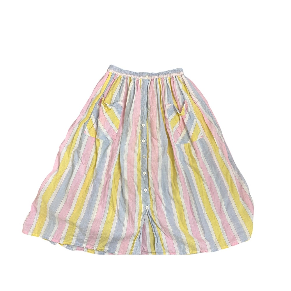 Vintage Chandni Pastel Stripe Cotton Midi Skirt Button Front Pockets Large